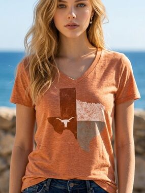 LONGHORN APPAREL T SHIRT State of Texas Longhorn V Neck Orange Red Size Small